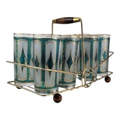Vtg 60s MCM Green Gold Diamind Pattern Set 8 Drinking Glasses Tumblers W/ Caddy
