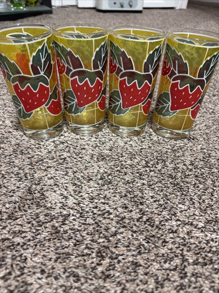 Set of 4 Vtg Libby Strawberry Textured Stained Glass Look Drinking Glass 5 1/2″