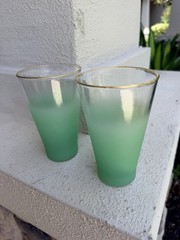 Vintage Blendo Green Ombre Frosted Tumblers Gold Rim MCM Glasses Set of 2
