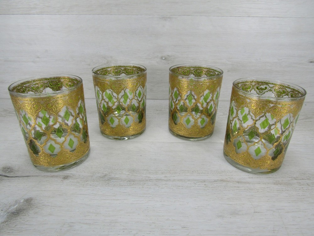 Culver Valencia 22K Gold Green Lowball Rocks Whiskey Glasses Set of 4 Vintage