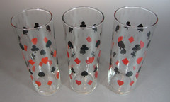 Vintage set 3 Schwartz Mustard Glass Tumbler Playing Card Drink 60’s Dominion