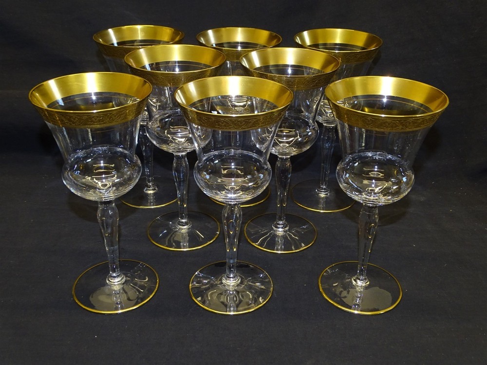 Glastonbury Lotus USA Minuet 8 Water Goblets – Gold Embossed Trim 7 3/8″
