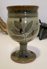 Pottery Studio Art Wine Glass Olive Leaf – Beige, Green & Brown Inside Signed