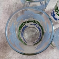 VTG MCM blue flowers 5″ glass set of 4 peanut butter glasses morning glory