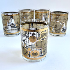 5 Cera Old World Map Double Old Fashioned Glasses Tumblers 22K Gold Vintage