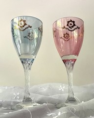 Vintage Blue & Pink Wine Glasses Gold Overlay Twisted Stem Crystal Italy (2)