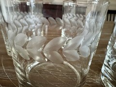 6 Vtg Etched Laurel Leaf Double Old Fashioned Rock Glasses 4″ Heavy Bottom MCM