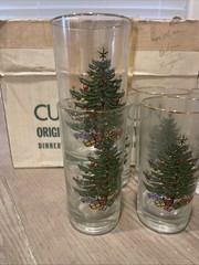 🎄​8 VTG CUTHBERTSON Christmas Tree 12 oz Tumblers Glasses, Gold Rim, 5.5″​ BOX