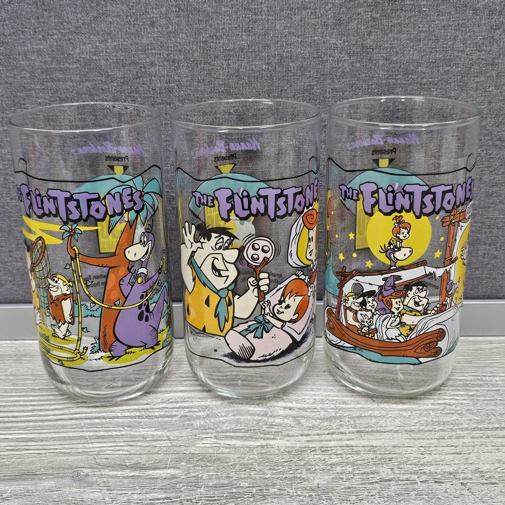 Vintage 1991 Hardee’s Flintstones First 30 Years Glasses Set Of 3 Tumblers