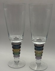 Block Multicolor Clear Glass Wine Glasses Set of 2 Round Etched
