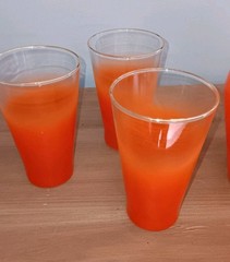 VTG Blendo Pitcher & 6 (12 Oz) Glasses Frosted Orange/Red w/ Gold Trim MCM EXC