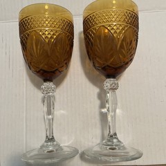 Cristal D’Arques Amber Goblets Set of 2 Clear Stem Diamond and Fan Pattern