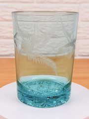 Antique 1886 Canton Glass Blue Uranium Etched Tumbler Daisy & Button EAPG