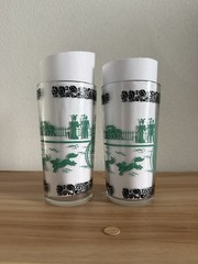 Pair of Vintage MCM Drinking Glasses with Victorian Park Scene Dogs Bicycle