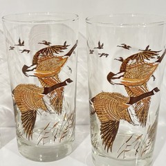 Libbey Canadian Geese In Flight Highball Glass Tumbler Set of 4 MCM Barware 12oz