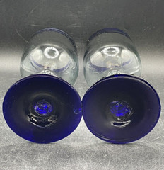 Hand Blown Goblets Set Colbalt Blue & Clear Pedestal Footed Heavy Glass Vintage