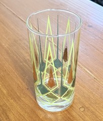 Vintage Atomic Glass MCM Juice Glass Green Gold Geometric Barware 5”