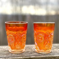 Vintage Imperial Carnival Glass Marigold Orange Daisy Button Tumblers Set of 2