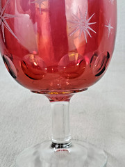 VTG MCM Bartlett Collins Etched Atomic Starburst Red Thumbprint Goblets Set Of 4