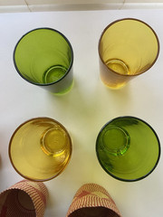 Yellow Green Set 4 Juice Cocktail Glasses Vintage Woven Boho Coaster Sleeves