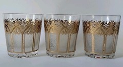 3 Vintage Gold Gothic Cathedral Lowball Glasses By Washington Glass