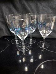 4 Abbott Collection SCHOOL OF FISH Goblets Etched & Painted Blue & Green 7.5″T