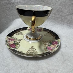 Vintage Shafford Japan Pedestal Teacup & Saucer Set Black Gold Roses Lusterware