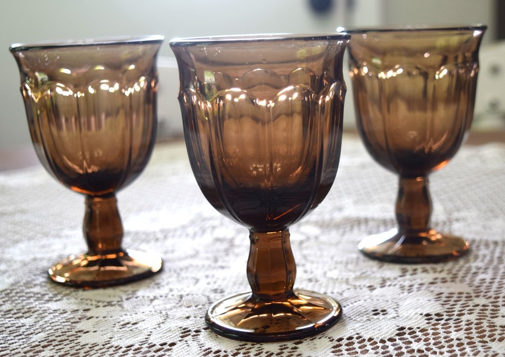 Noritake Provincial Smokey Brown Footed Goblet Water Glass, set of 3