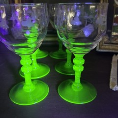 Set of 6 Tiffin Glasses with Etched Designs & Dark Green Uranium Stems Vintage