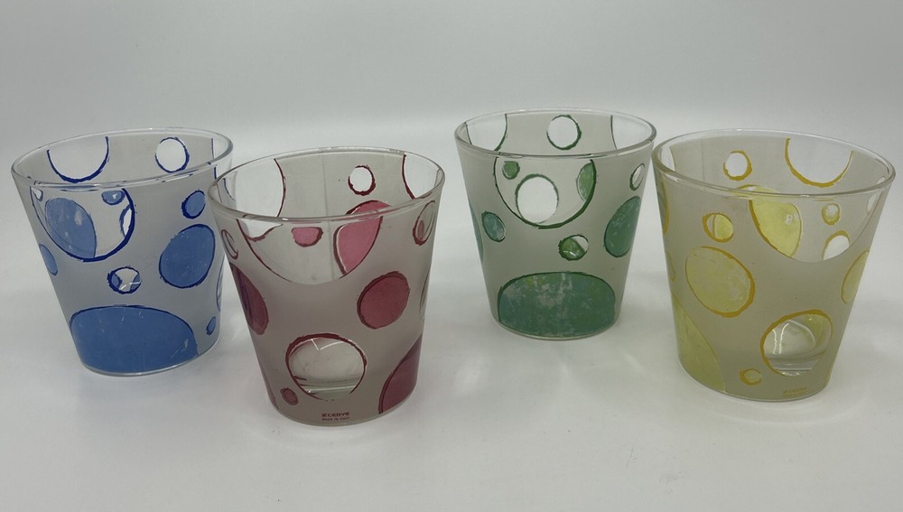 Set of 4 Cerve Italy Polka Dot Lowball Glass Frosted Old Fashion Barware MCM Vtg