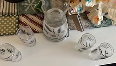 Vintage Frosted Silver Leaf Foliage Cocktail PitcherFour 4” Juice/Shot Glasses