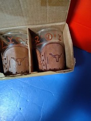 Set Of 4 Libbey Bamco Western Texas Tooled Leather Lowball Glasses In Box