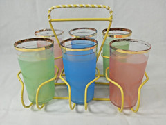 Vintage Set of 6 Blendo frosted glasses Blue Green and Pink 4.5″ Carrying case