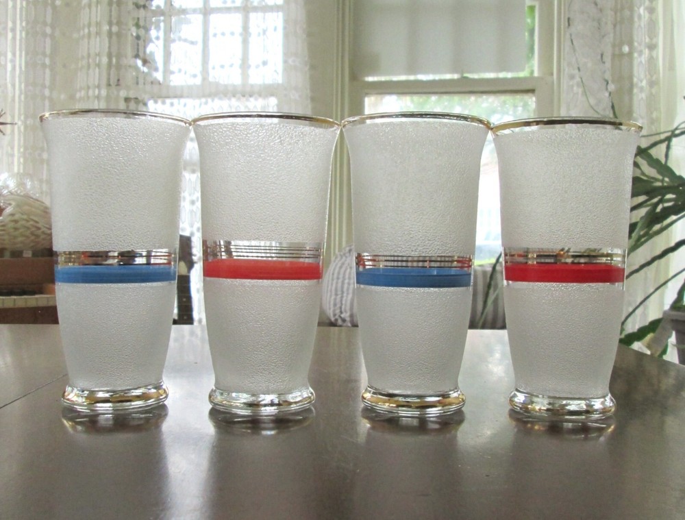 Four MCM Sugar Frosted Cooler Glasses with Gold Red / Blue Bands 6″