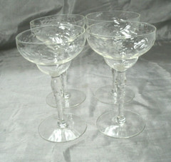 Vtg Unknown Mfg UNK1136 Set of 4 Champagne Tall Sherbet Cut Floral Bulbous Stem