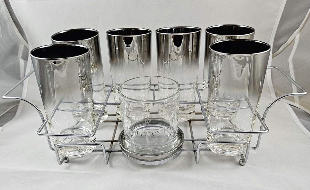 Silver Fade Tumbler Glasses Set of 6 Chrome Carrier MCM Dorothy Thorpe Vtg Bar
