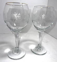 2 Vintage wine glasses, Lynn’s China Winter Snow Trees Gold Rim 7 3/4” Tall