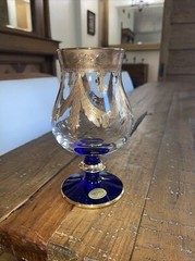 Medici Gold Crystal Goblet 7.5” tall Vintage blue and clear glass