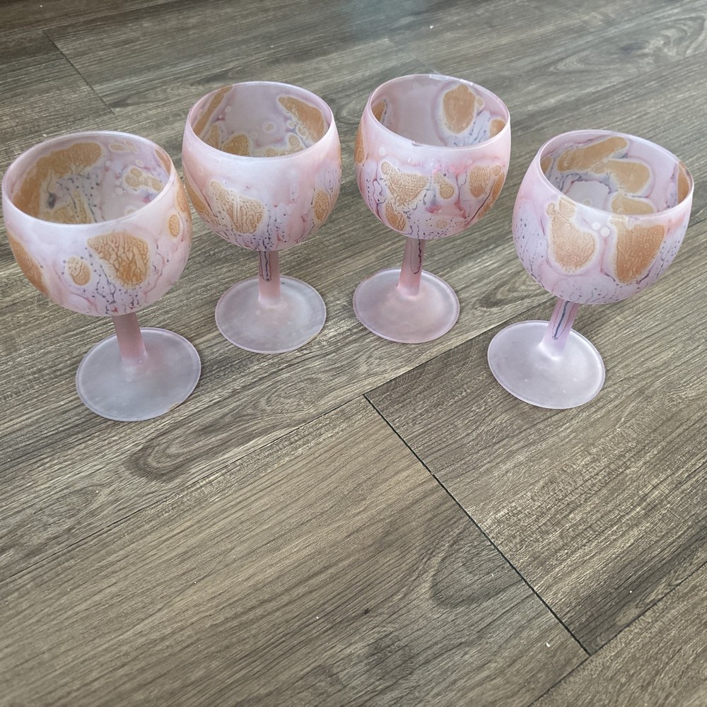 Set of 4 Rueven Art Nouveau Goblets Wine Glasses Hand Blown Painted Pink Satin