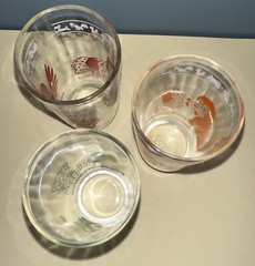 3 Swanky Swig Juice Glasses Vtge Kids 3.5″ tumblers Cat Bunny Hen Bird Elephant