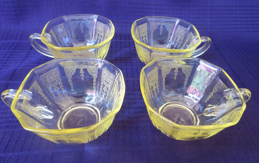 4-HOCKING GLASS CO. Princess Pattern Yellow Topaz Coffee or Tea Cups