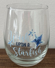 Wish Upon a Starfish Stemless Wine Glass, Clear Glass w/ Blue & White Design