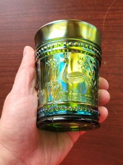 Super Pretty Emerald Green Carnival Glass Peacock at The Fountain Tumbler