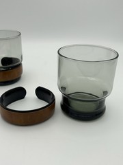Set of 3 Vintage Tumbler Whiskey Glasses Smoky Glass w/ Faux Leather Band