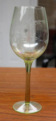 1970s Wine Glass Green Color Tint with Etched Holly pattern 8 3/8″H VTG