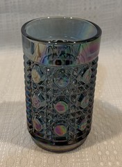 Vintage Set of 8 Blue Iridescent Pressed Glass Tumblers–Heavy Geometric Pattern