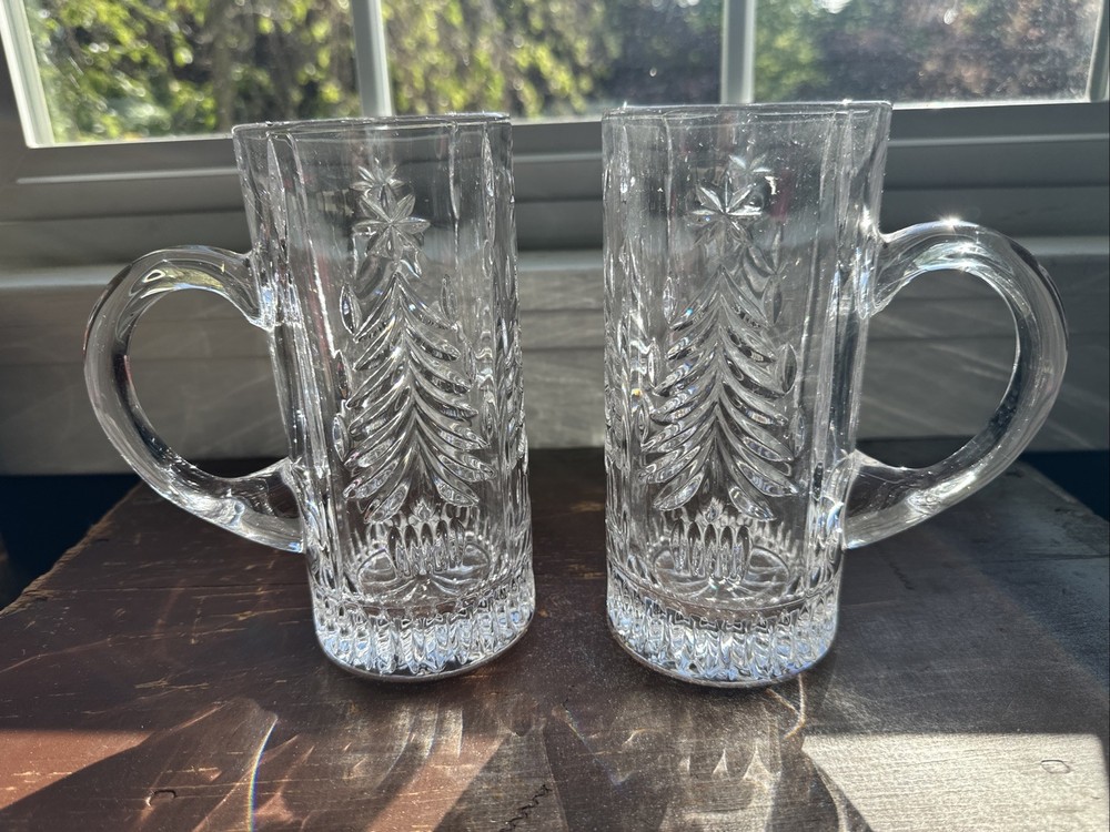 Mikasa Christmas Tree Beer Stein Heavy Cut Glass 7 inch Tall SET OF TWO