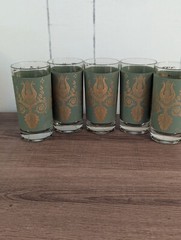 5 JEANNETTE HARP AND LYRE GREEN AND GOLD 12 OZ. DRINK GLASSES