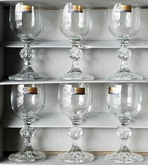6 VTG Czech Claudia Crystal Cordial Glasses Liqueur, Multi faceted Ball Stem NIB
