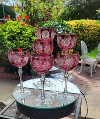 ABP Set (6) Cranberry Cut-to-Clear Crystal Wine Hocks Bohemian Josephinenhütte